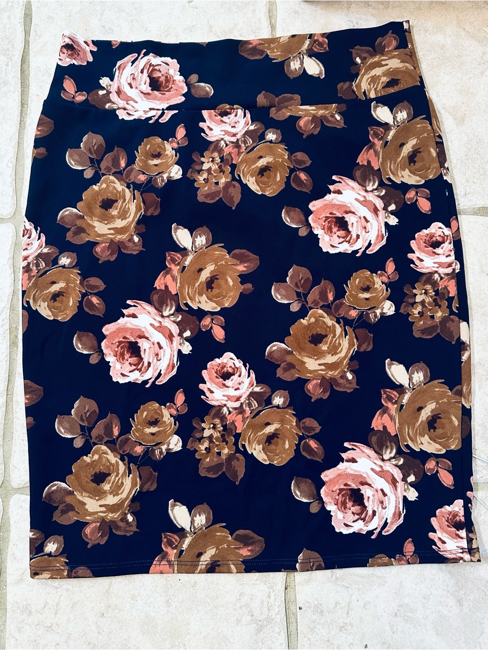 LuLaRoe Navy Pencil Skirt with Pink and Brown Floral Print